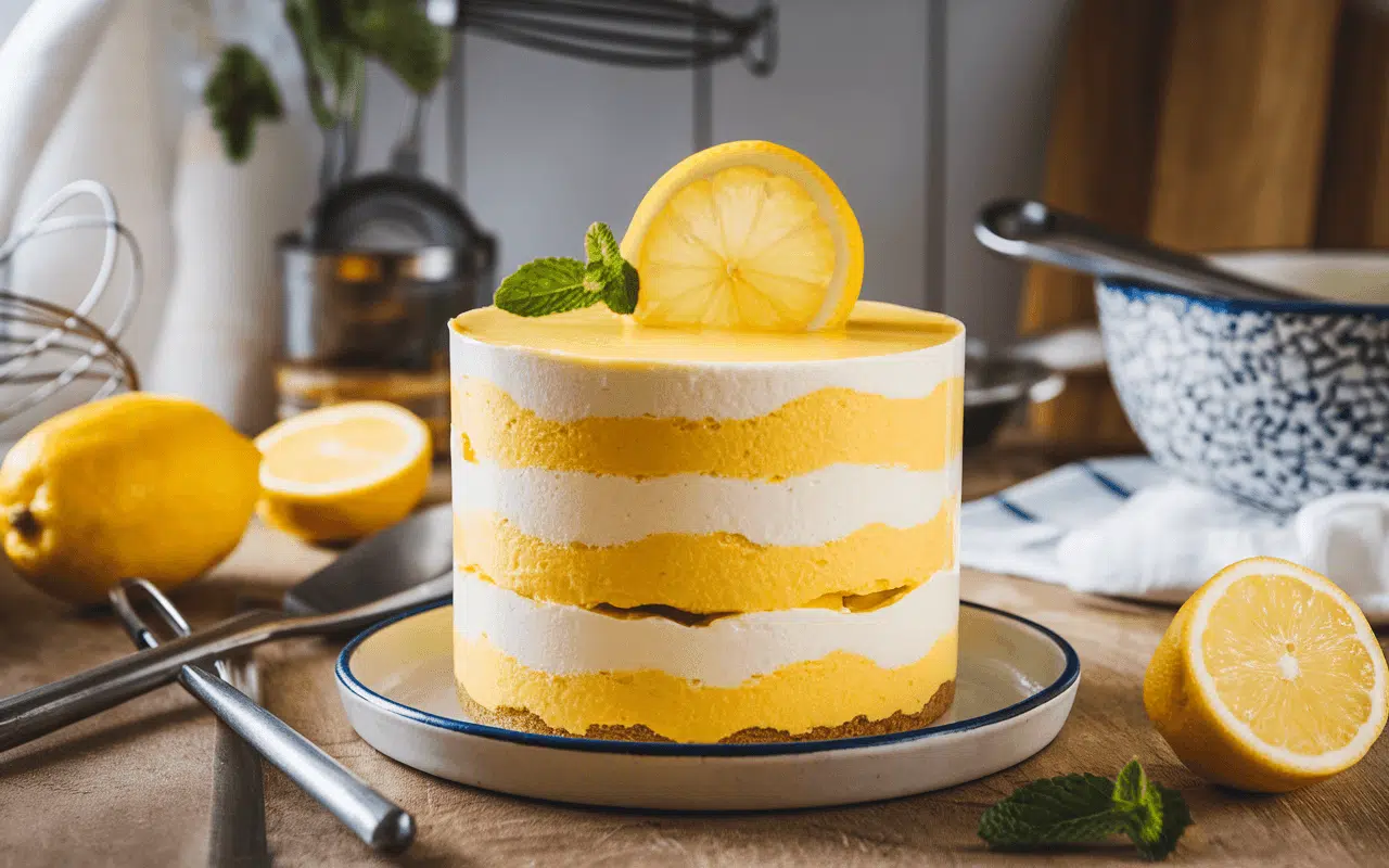 Gâteau à la limonade en couches jaunes et blanches, décoré d'une rondelle de citron et de feuilles de menthe. Éléments de cuisine en arrière-plan.