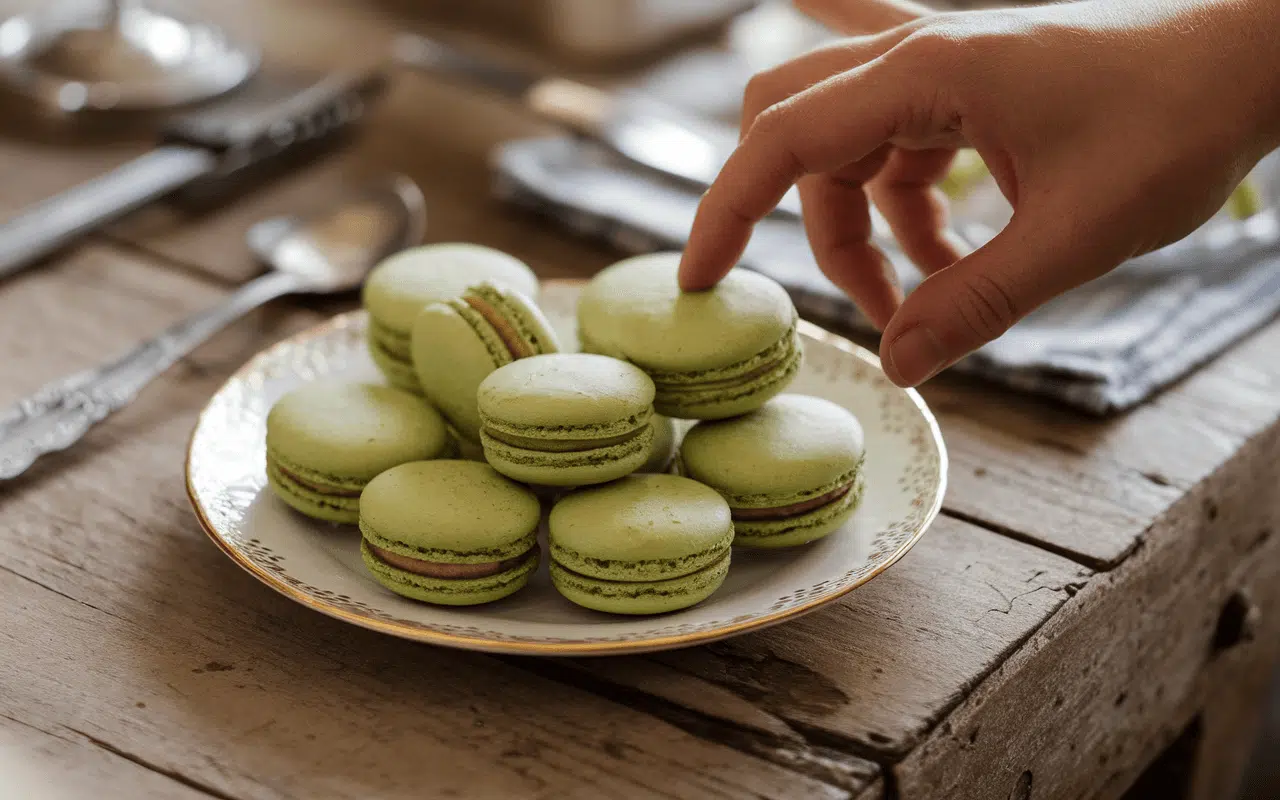 Main prenant un macaron vert sur une assiette décorative, posée sur une table en bois rustique.