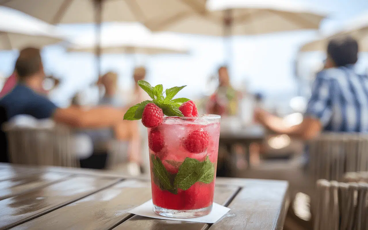 Un verre de cocktail aux framboises et menthe est posé sur une table. En arrière-plan, des personnes discutent sous des parasols.