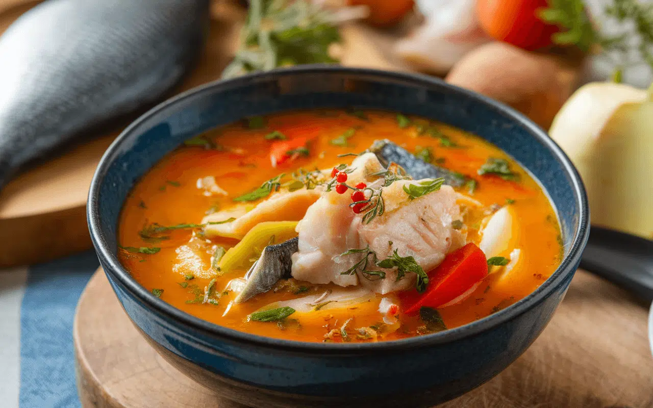 Un bol de soupe de poisson colorée, garni de morceaux de poisson, légumes variés et herbes fraîches, sur un fond rustique.