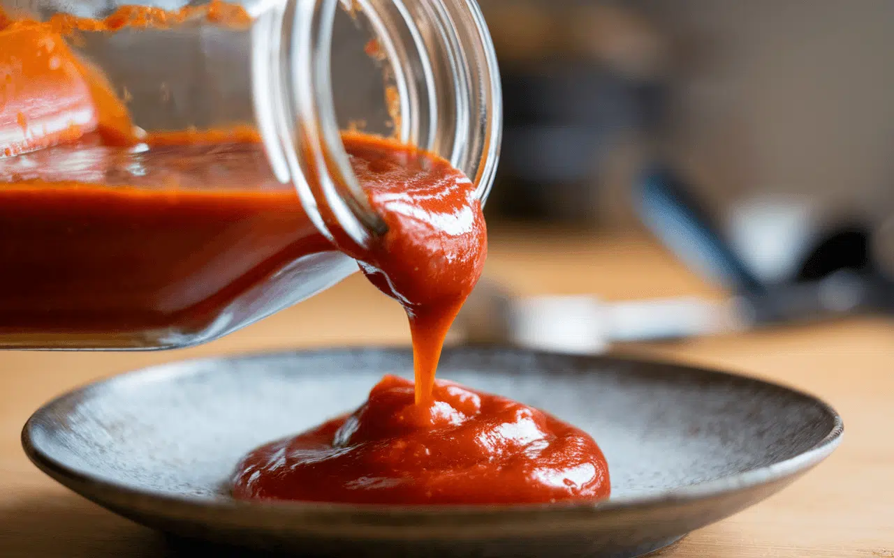 Un pot en verre verse de la sauce tomate rouge sur une assiette foncée, créant une texture lisse et brillante.