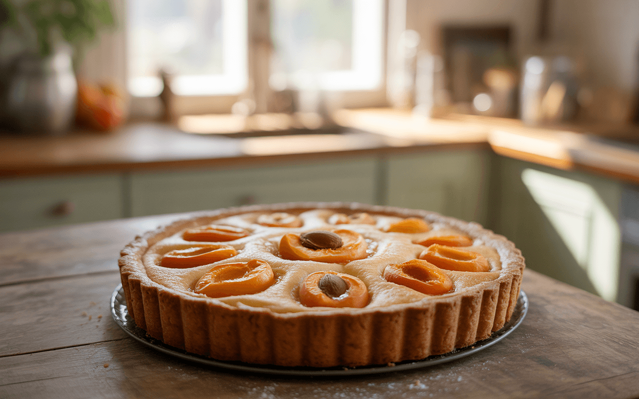 Tarte aux abricots sur une table en bois, avec un fond de cuisine lumineuse et des fruits à proximité.