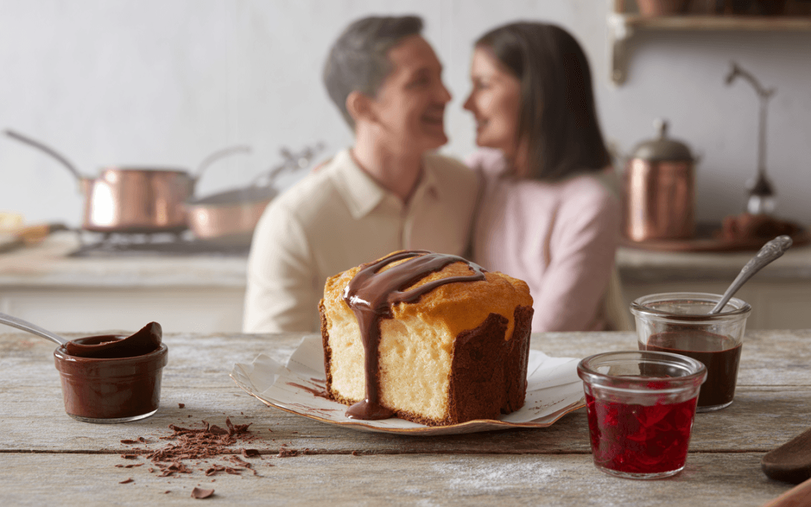 Un couple souriant en arrière-plan, avec un gâteau au chocolat et des pots de chocolat et de gelée en premiers plans.