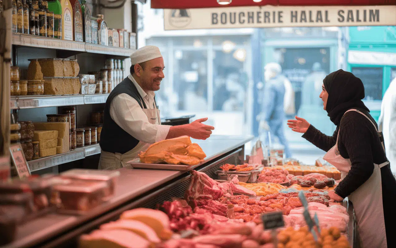 Un boucher souriant sert une cliente dans une boucherie halal, entouré de viandes et de produits traditionnels.