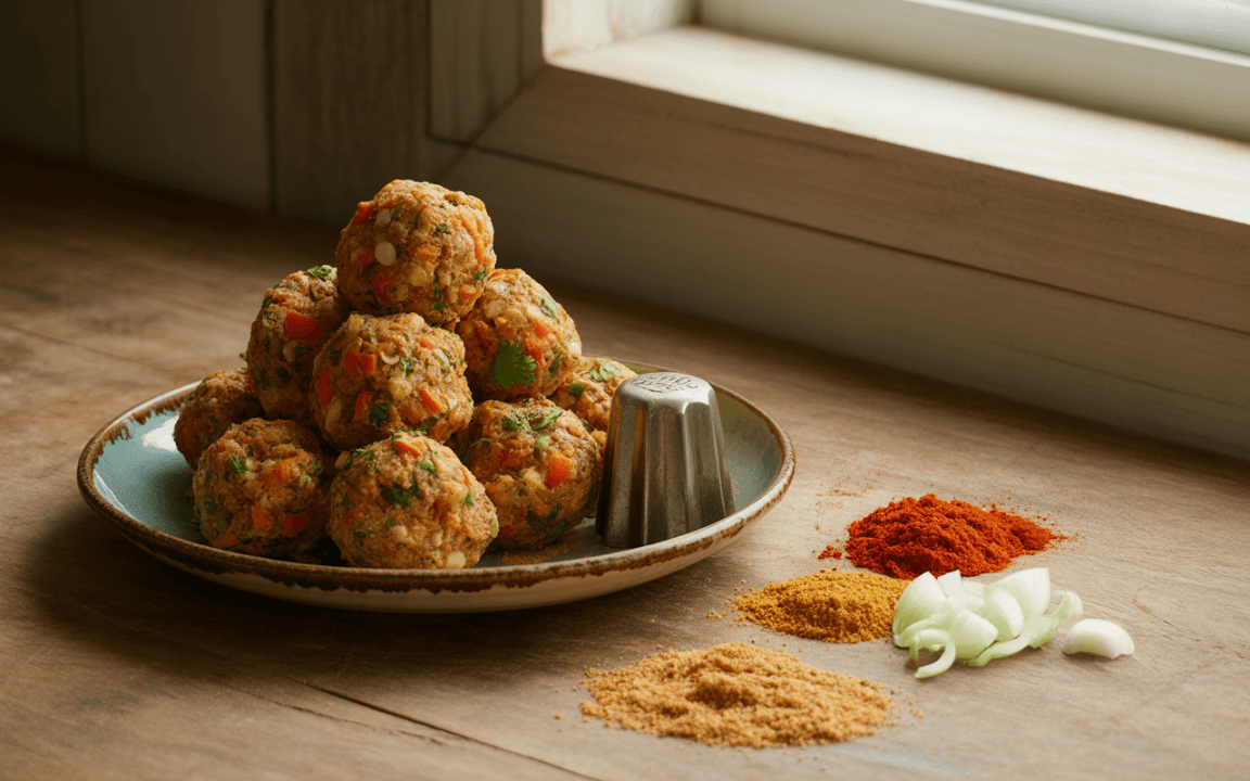 Boules de légumes colorées sur une assiette, accompagnées d'épices en poudre et d'oignons émincés, près d'une fenêtre.