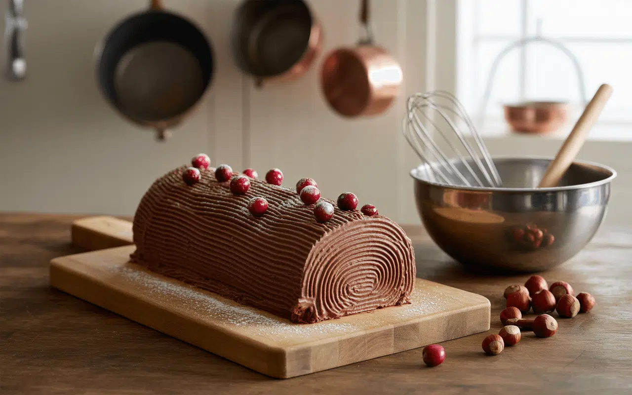 Gâteau roulé au chocolat décoré de petites baies rouges, posé sur une planche en bois, avec des ustensiles de cuisine en arrière-plan.