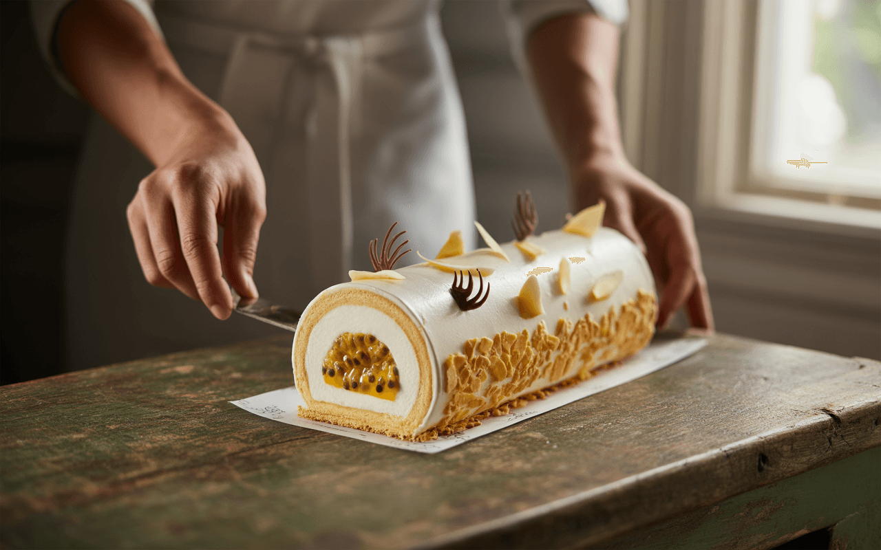 Un chef coupe un gâteau roulé décoré de morceaux de chocolat et de fruits sur une table rustique en bois.