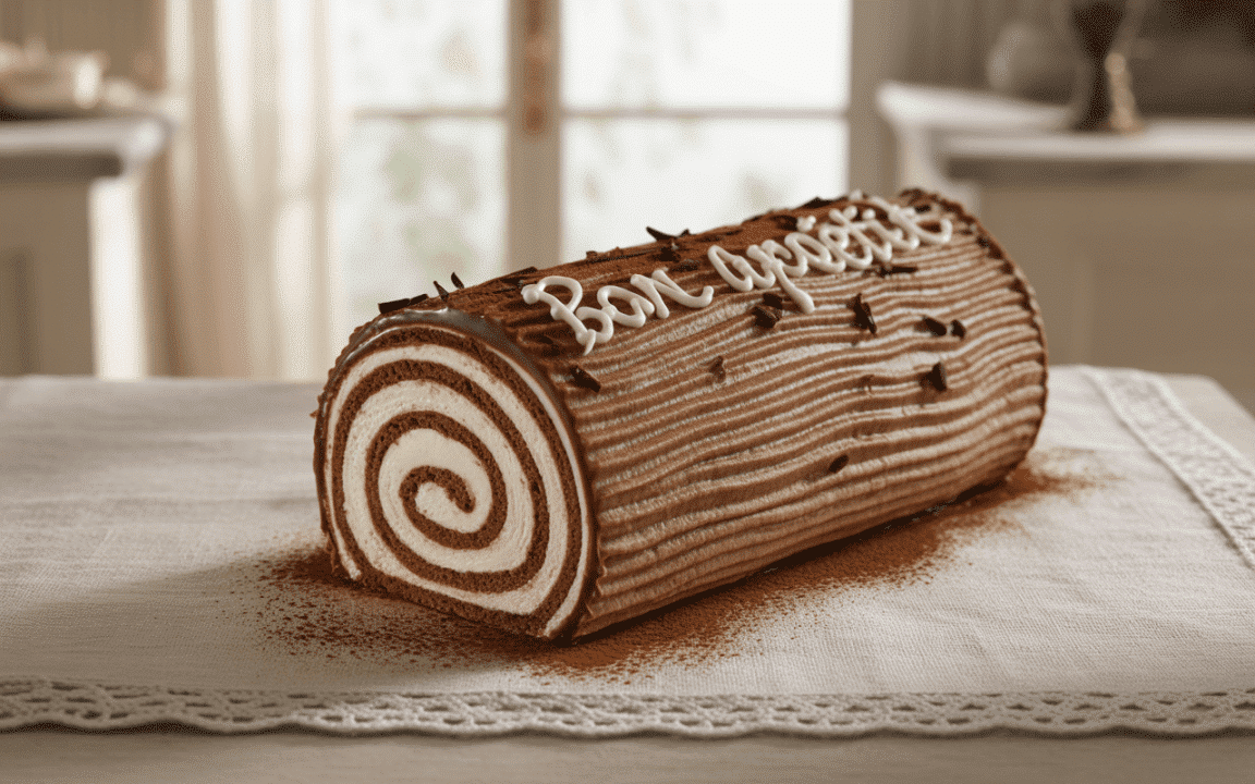 Gâteau roulé chocolat décoré de crème, avec inscription "Bon appétit", sur une nappe en lin. Fond lumineux et chaleureux.