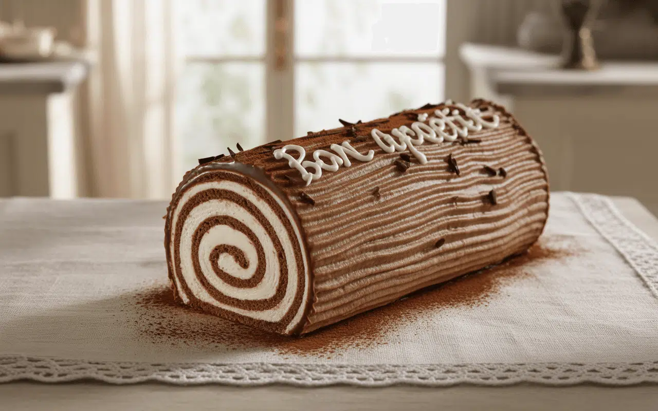 Gâteau roulé chocolat décoré de crème, avec inscription "Bon appétit", sur une nappe en lin. Fond lumineux et chaleureux.