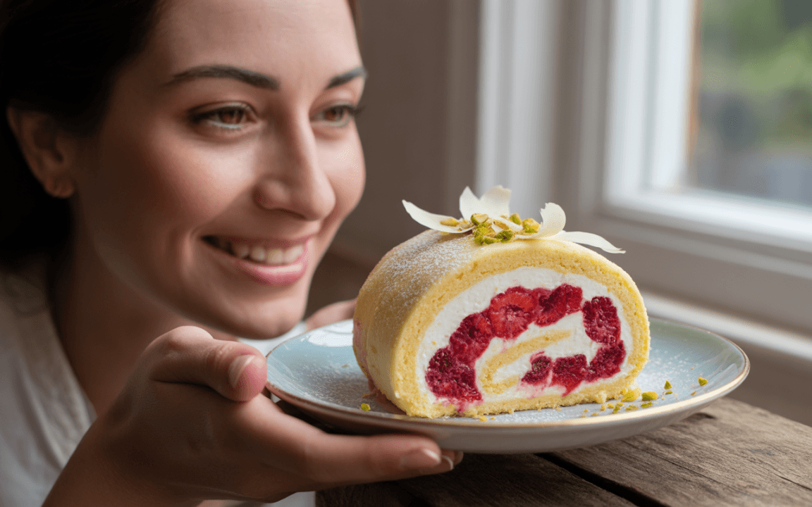 Femme souriante tenant un gâteau roulé aux framboises et crème, décoré de fleurs et pistaches, près d'une fenêtre.