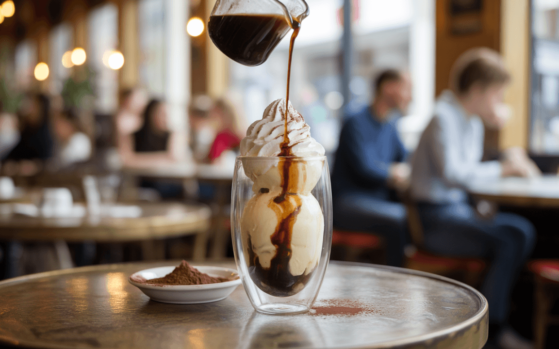 Un verre de crème glacée avec de la chantilly et du chocolat, le café est en train d’être versé dessus.