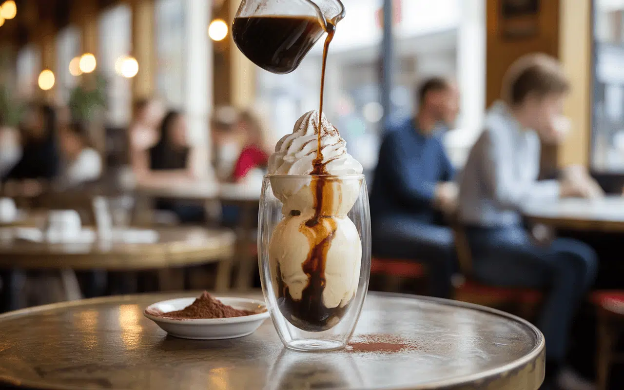 Un verre de crème glacée avec de la chantilly et du chocolat, le café est en train d’être versé dessus.