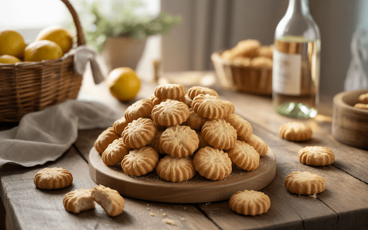 Pâtisseries dorées empilées sur un plateau en bois, avec des citrons et des bouteilles en arrière-plan. Ambiance chaleureuse et rustique.