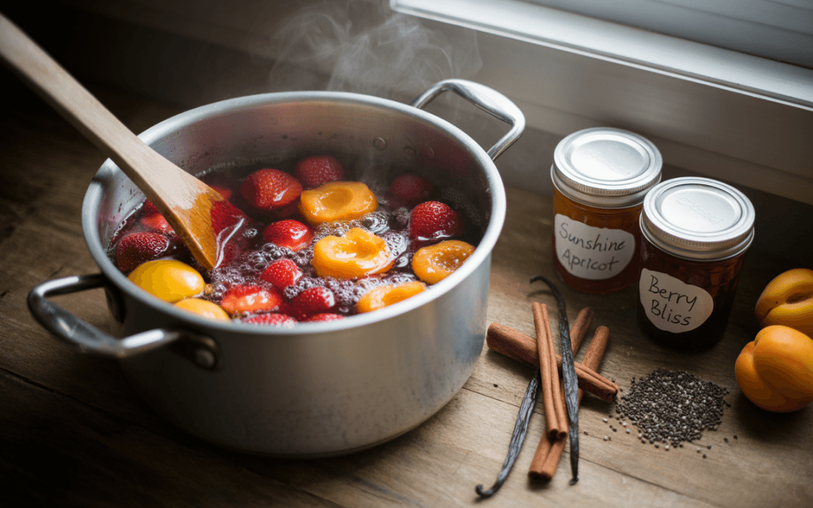 Un pot en métal contient des fraises et des abricots dans un sirop bouillant, avec des confitures et des épices à proximité.