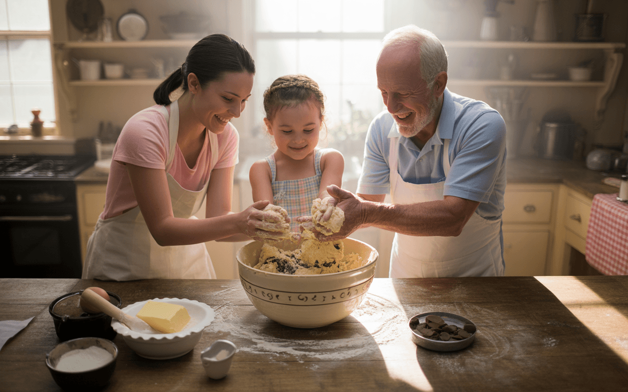 Une femme, une petite fille et un homme pétrissent une pâte dans une cuisine lumineuse, entourés d'ingrédients de cuisson.