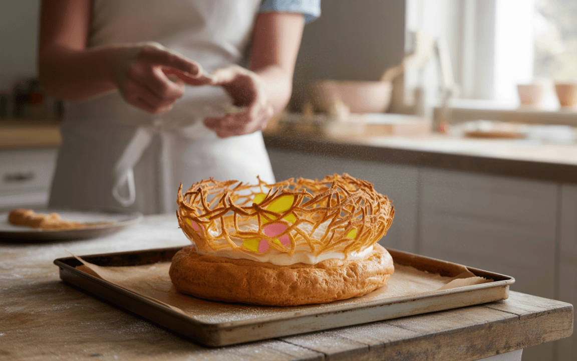 Gâteau décoré avec un filet croquant et des touches de couleur, taux de sucre saupoudré, préparé en cuisine.