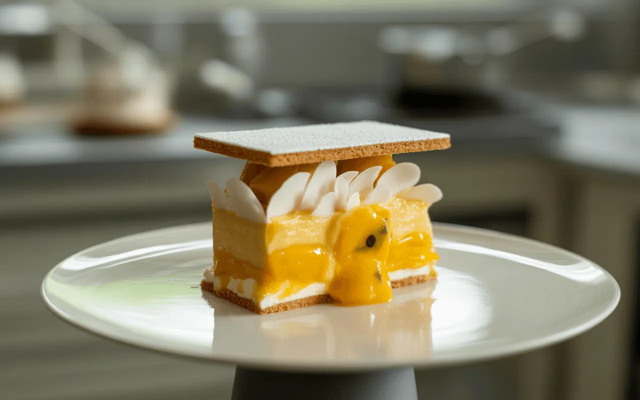 Gâteau en couches avec crème de mangue, décoré d’amandes effilées et d’un biscuit croustillant, présenté sur une assiette.