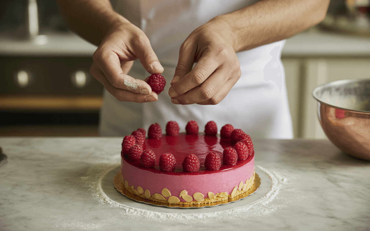 Un pâtissier décore un gâteau rose avec des framboises sur une surface de marbre, entouré de farine.