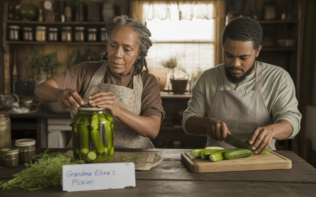 Une femme prépare des cornichons dans un pot, tandis qu'un homme coupe des concombres sur une planche en bois, dans une cuisine rustique.