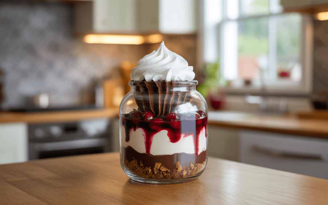 Dessert en couche dans un bocal en verre : chocolat, crème, coulis de cerise, croquant et chantilly, sur un fond de cuisine.