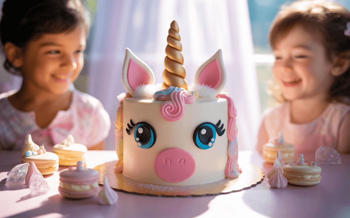 Deux filles souriantes entourent un gâteau licorne coloré, accompagné de macarons et de bonbons, sur une table rose.