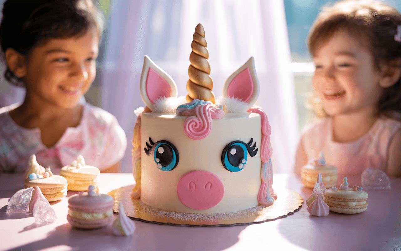 Deux filles souriantes entourent un gâteau licorne coloré, accompagné de macarons et de bonbons, sur une table rose.