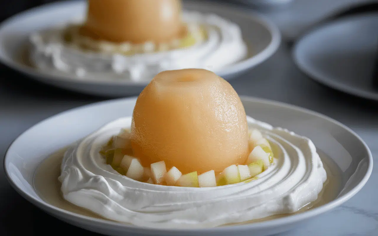 Dessert crémeux avec un dôme de gelée de fruit, entouré de crème fouettée et de dés de pomme sur une assiette.