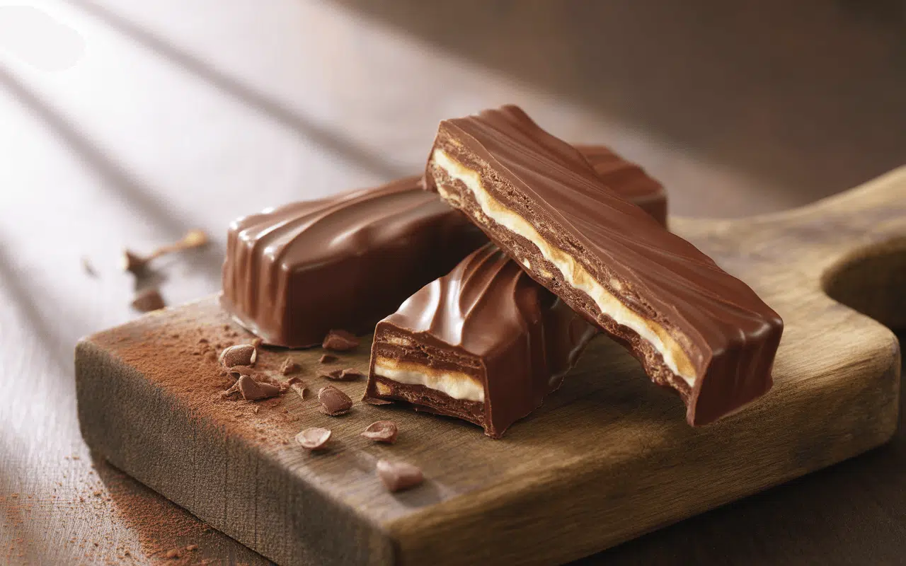 Barres chocolatées sur une planche en bois, avec une texture lisse et une garniture visible à l'intérieur. Miette de chocolat autour.