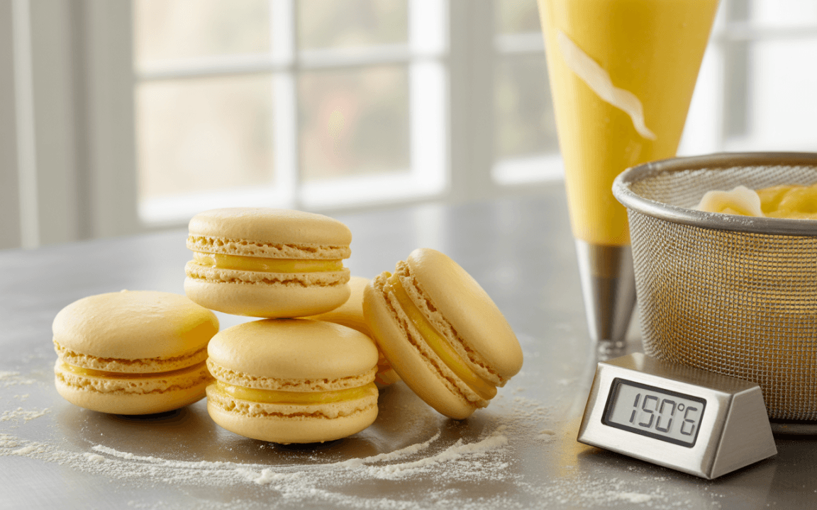 Macarons jaunes appétissants sur une surface de travail avec un thermomètre affichant 150°C et des accessoires de pâtisserie.