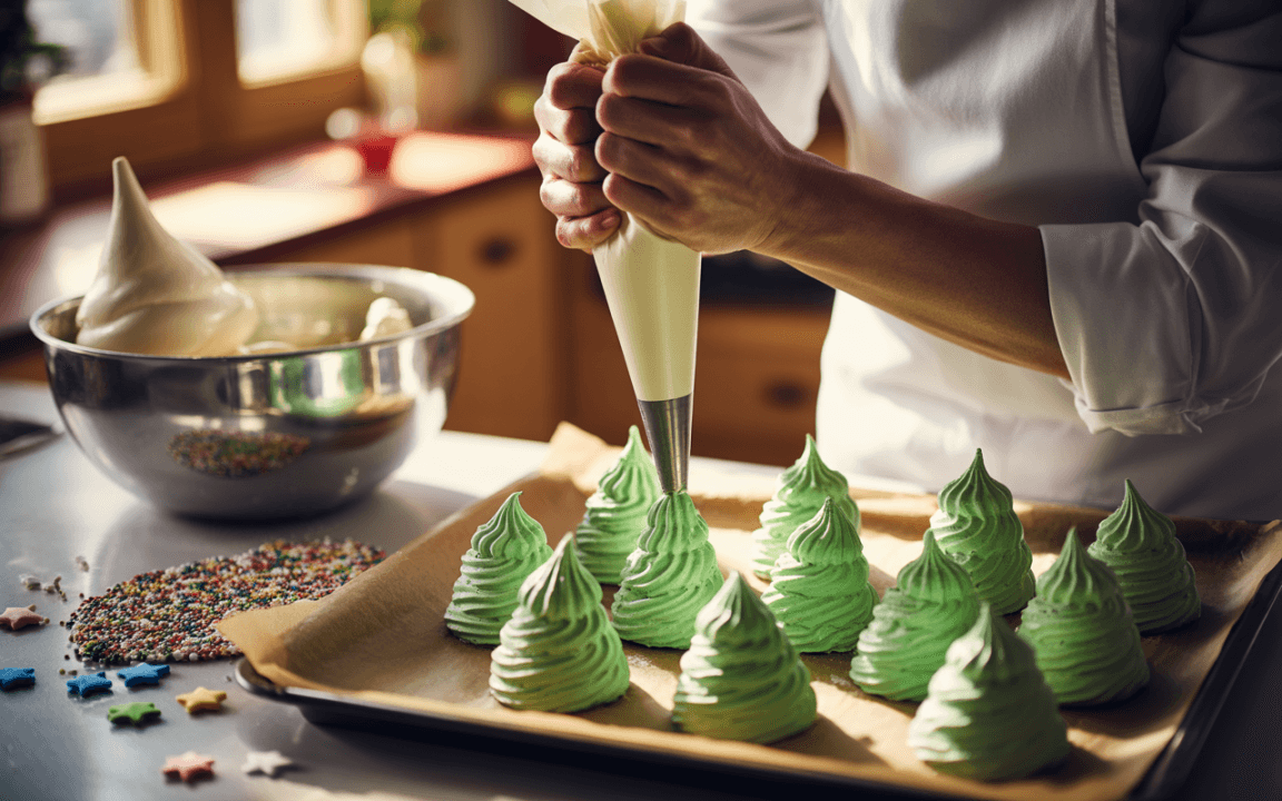 Un pâtissier prépare des meringues vertes sur une plaque, avec des perles colorées sur la table à côté.