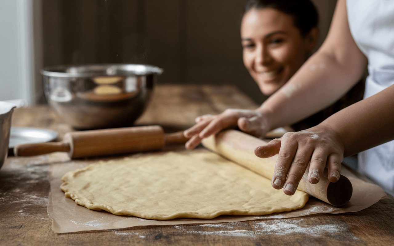 Deux personnes préparent de la pâte sur une table en bois, avec un rouleau à pâtisserie et des ustensiles de cuisine en arrière-plan.
