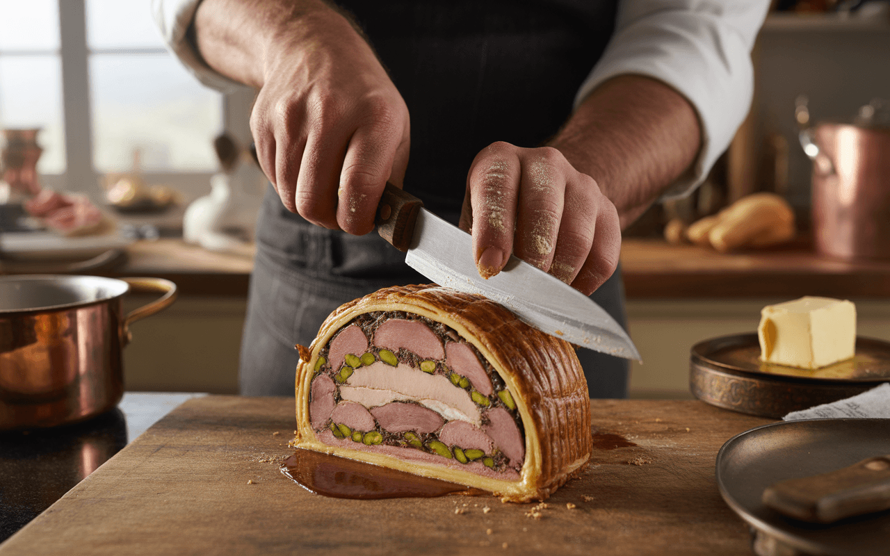 Un chef tranche un pâté en croûte, montrant des couches de viande et de pistaches, avec un coin de cuisine en arrière-plan.