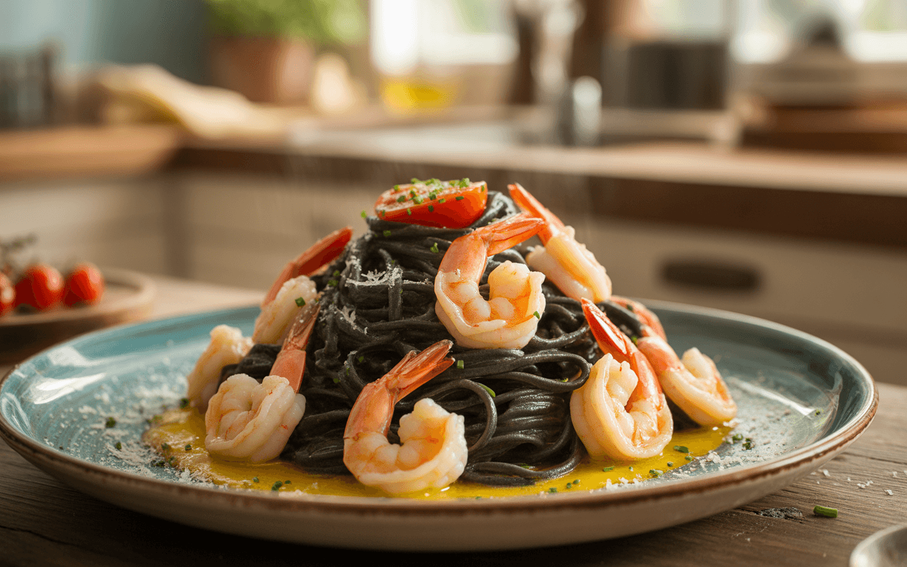 Pâtes noires aux crevettes, entourées de sauce, garnies de tomates cerises et ciboulette, présentées sur une assiette élégante.