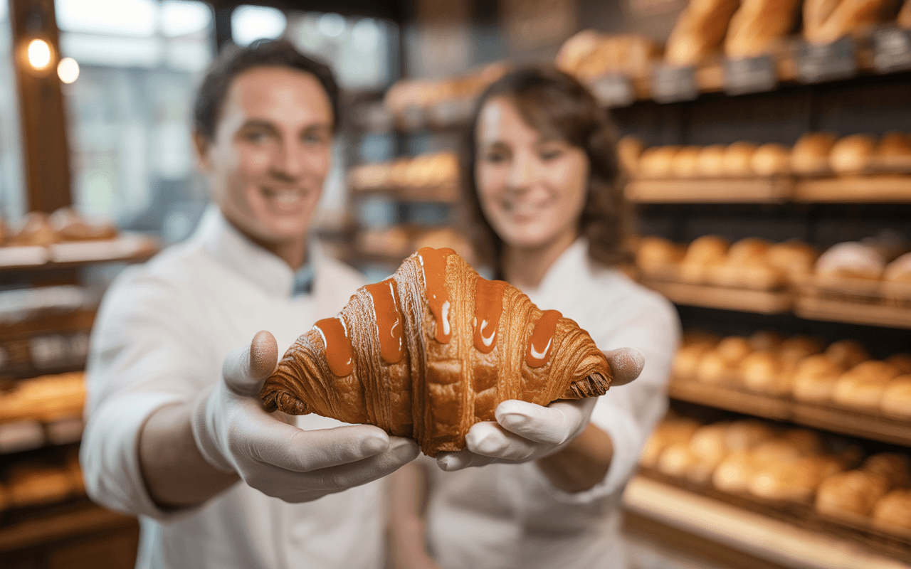 Deux boulangers en blanc présentent un croissant décoré de sauce, avec une vitrine de pains en arrière-plan.