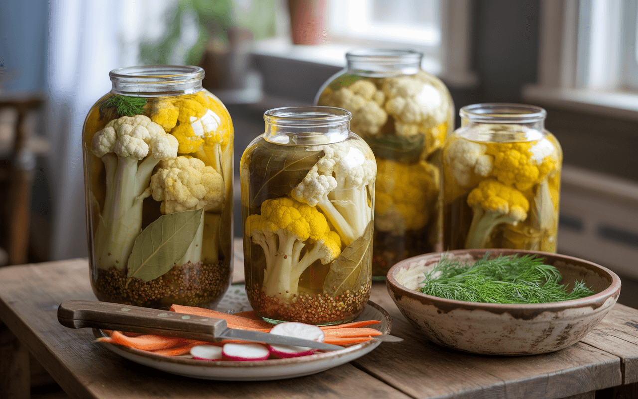 Bocaux de chou-fleur mariné avec des feuilles de laurier, accompagnés de carottes, radis et aneth sur une table en bois.