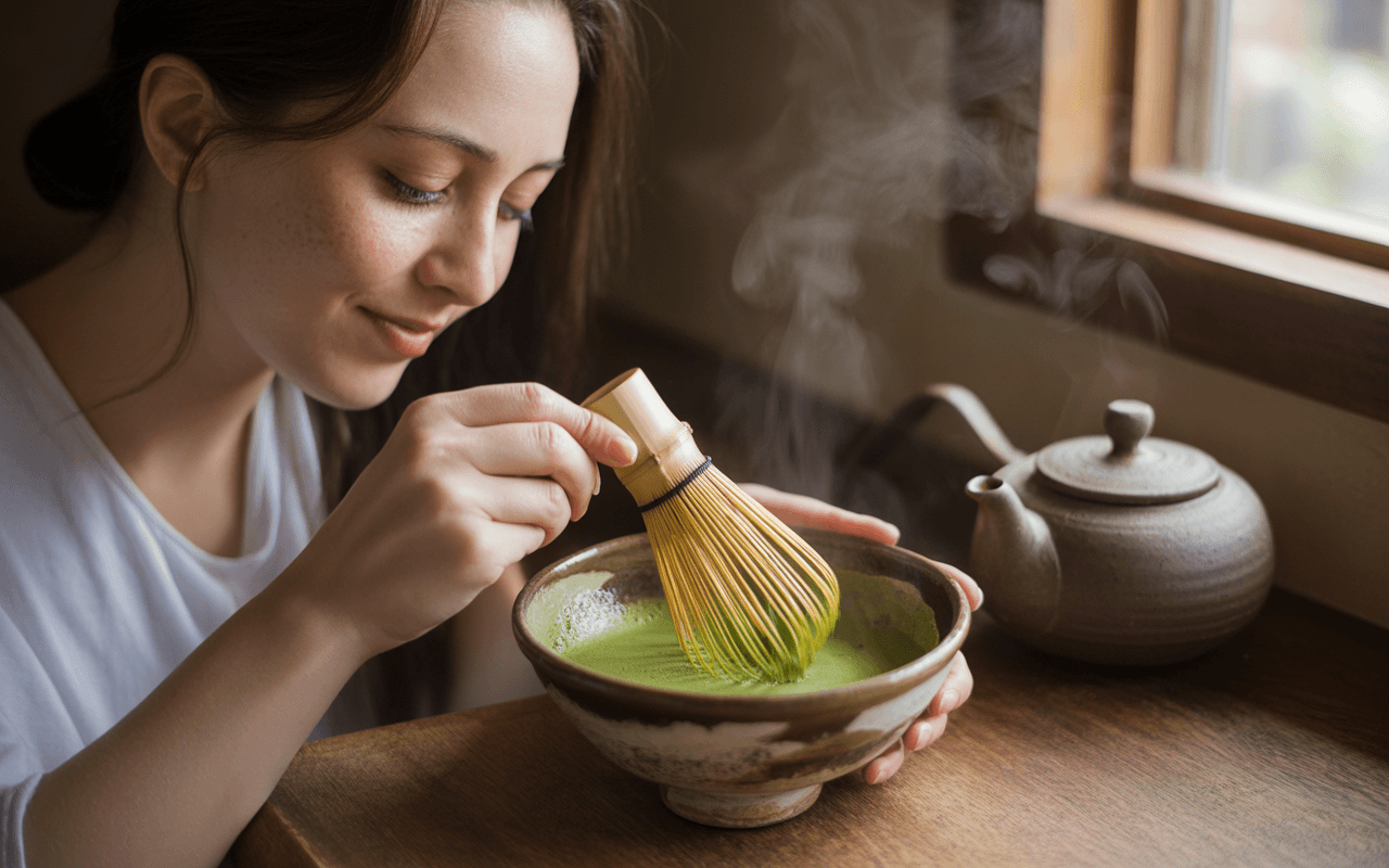 Femme préparant du thé matcha avec un fouet en bambou, vapeur s'échappant d'un bol, lumière naturelle à travers une fenêtre.