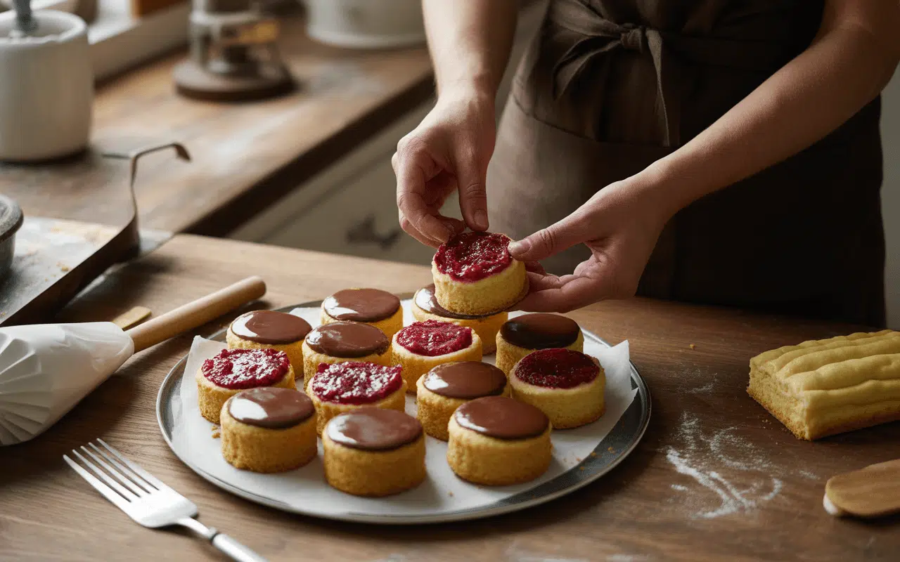 Personne en train de décorer des petits gâteaux sur un plateau, avec des garnitures en chocolat et framboise. Pâtisserie sur table en bois.