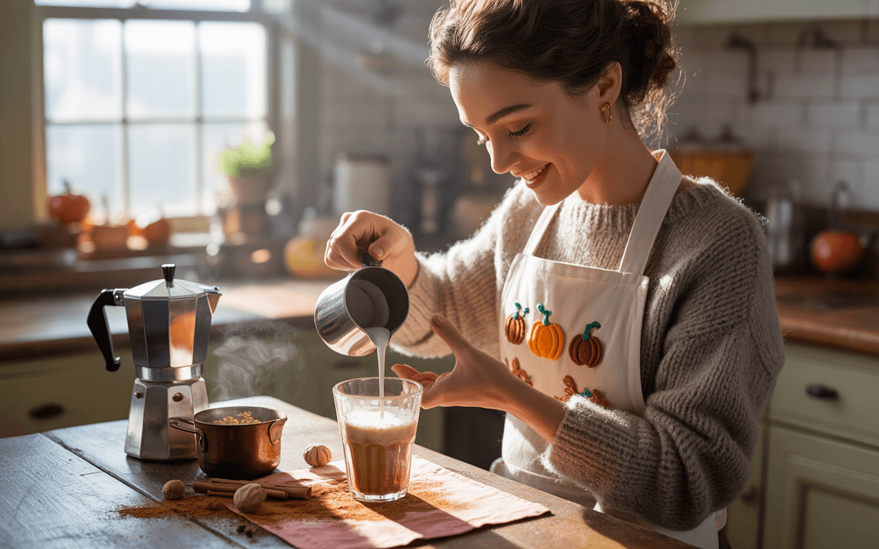 Une femme souriante prépare une boisson chaude avec du lait dans une cuisine lumineuse, portant un tablier décoré de citrouilles.