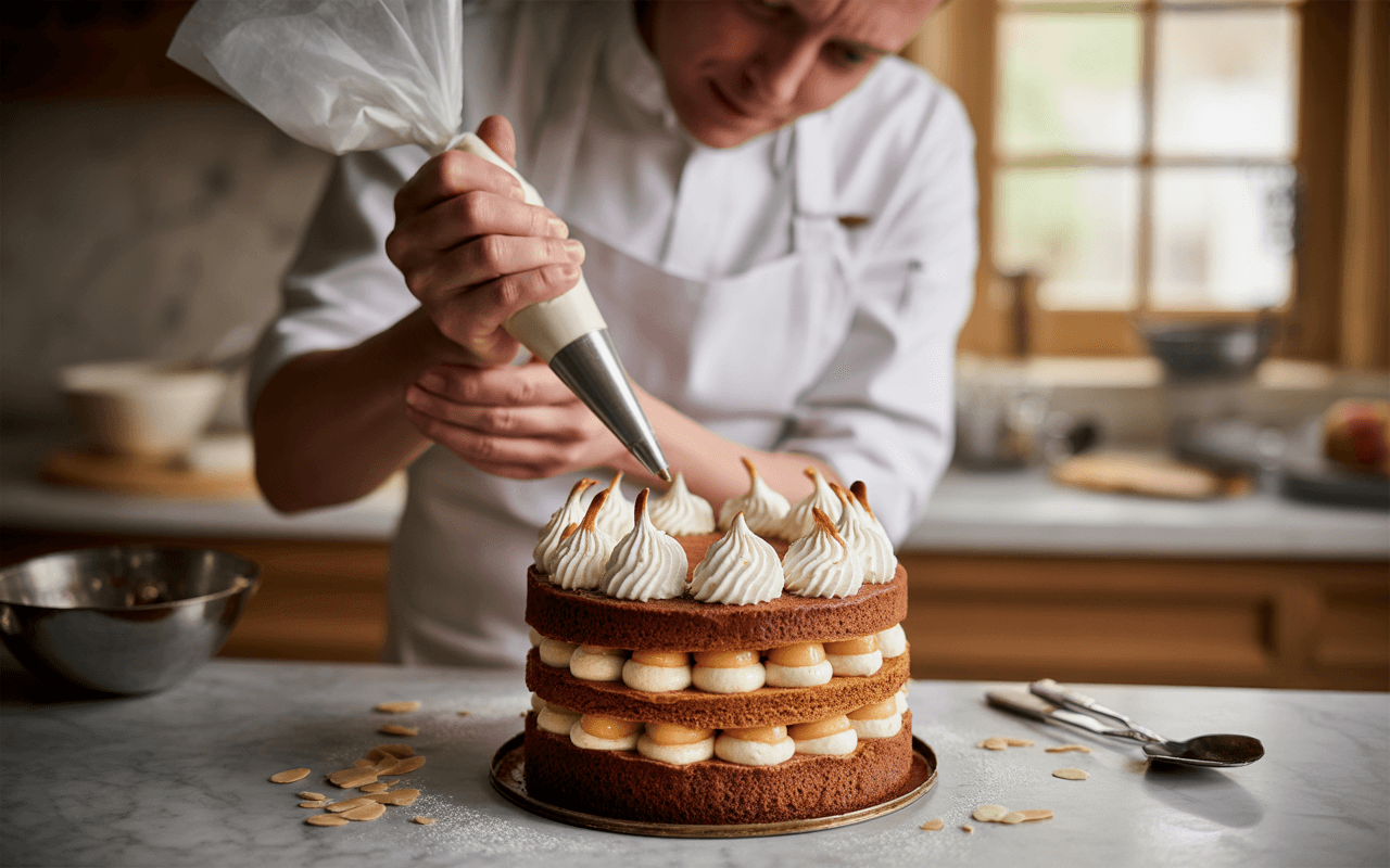 Un pâtissier décore un gâteau à trois niveaux avec de la crème à l'aide d'une poche à douille, dans une cuisine lumineuse.