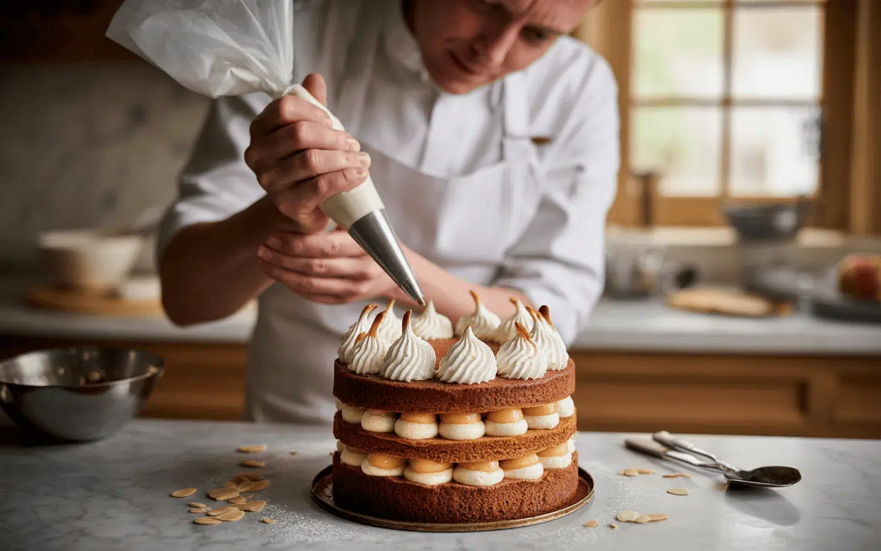 Un pâtissier décore un gâteau à trois niveaux avec de la crème à l'aide d'une poche à douille, dans une cuisine lumineuse.
