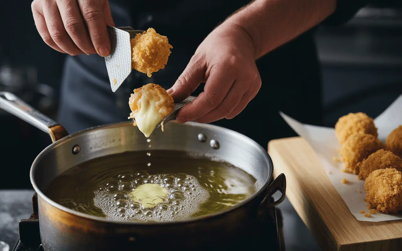 Un chef plonge un beignet doré dans une casserole d'huile bouillante, avec du fromage fondant qui s'écoule.