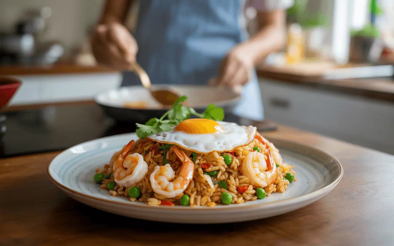 Plat de riz sauté aux crevettes, pois verts et œuf au plat, préparé dans une cuisine en arrière-plan.