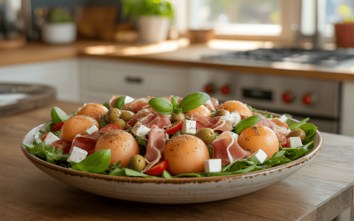 Salade composée de melon, prosciutto, olives, fromage feta, tomates et basilic, présentée dans un grand plat en céramique.