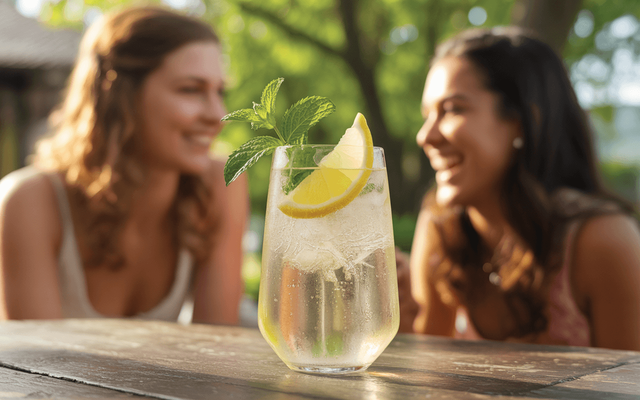 Deux femmes souriantes en arrière-plan, avec un verre de limonade fraîche garnie de citron et de menthe au premier plan.