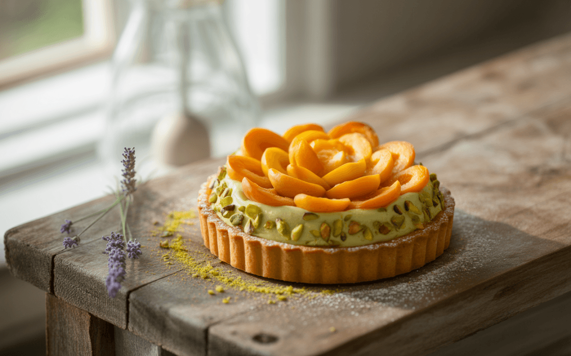 Tarte aux fruits décorée de tranches d'abricots, garnie de crème, entourée de pistaches et de fleurs de lavande.