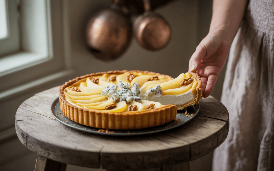 Tarte aux poires garnie de fromage bleu et noix, sur une table en bois avec une main qui sert une part.