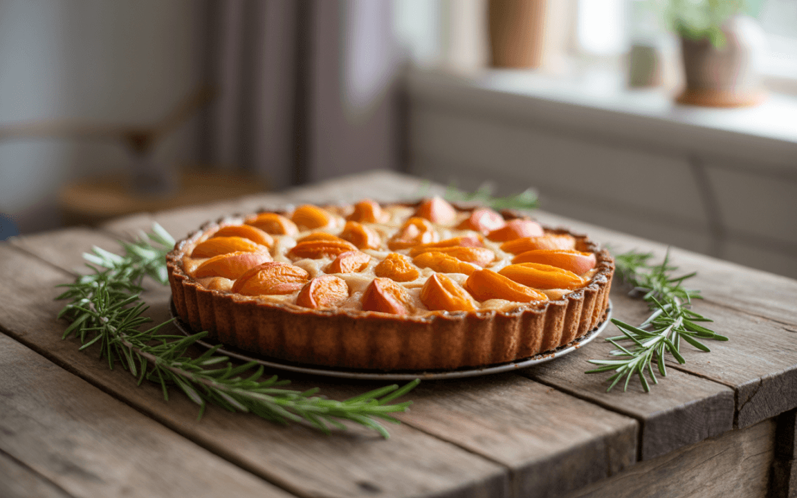 Tarte aux fruits colorés sur une table en bois, décorée de branches de romarin. Environnement intérieur lumineux et accueillant.