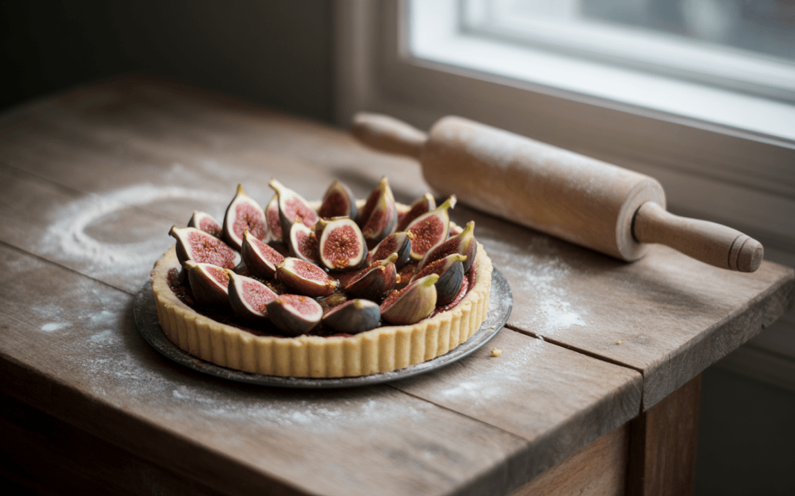 Tarte garnie de figues violettes, posée sur une table en bois avec de la farine étalée et un rouleau à pâtisserie.