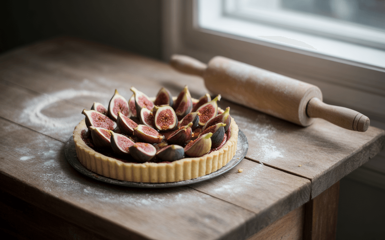 Tarte garnie de figues violettes, posée sur une table en bois avec de la farine étalée et un rouleau à pâtisserie.