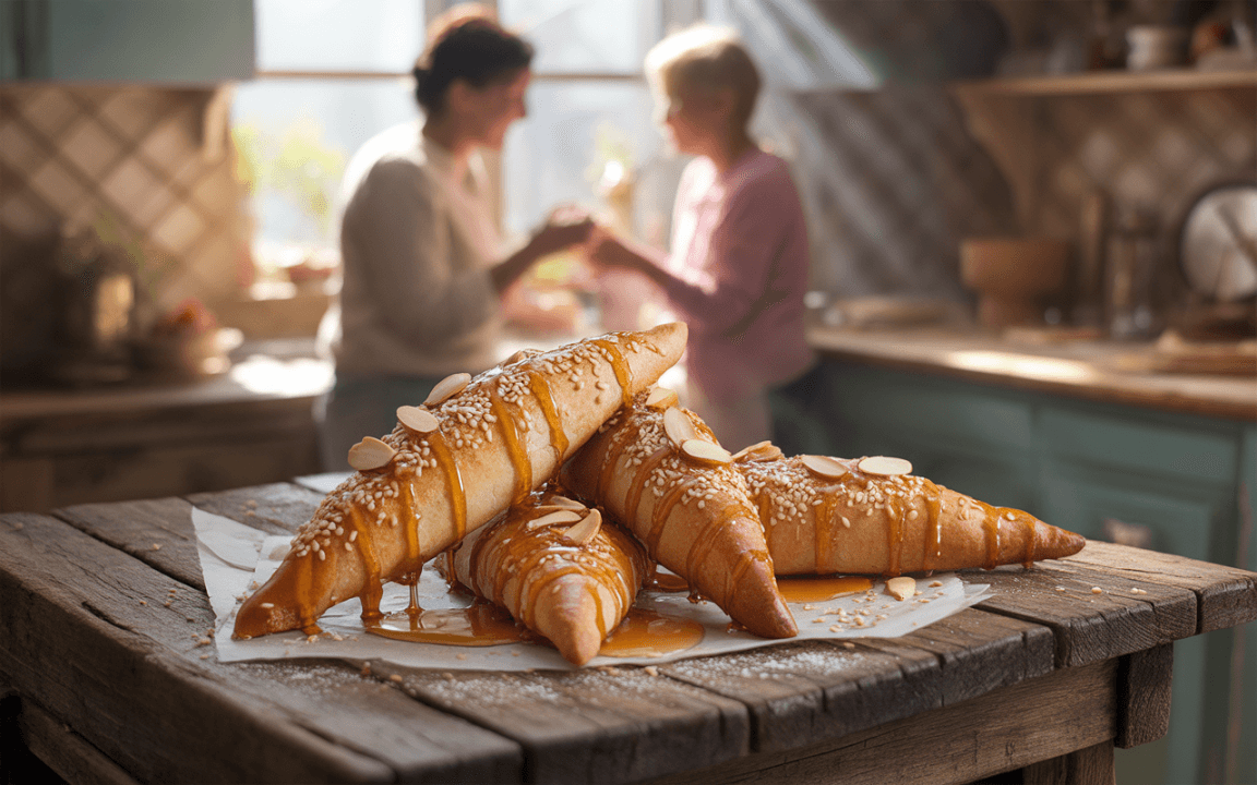 Trois croissants garnis, décorés de sauce sucrée et d'amandes, reposent sur une table en bois, avec deux femmes en arrière-plan.